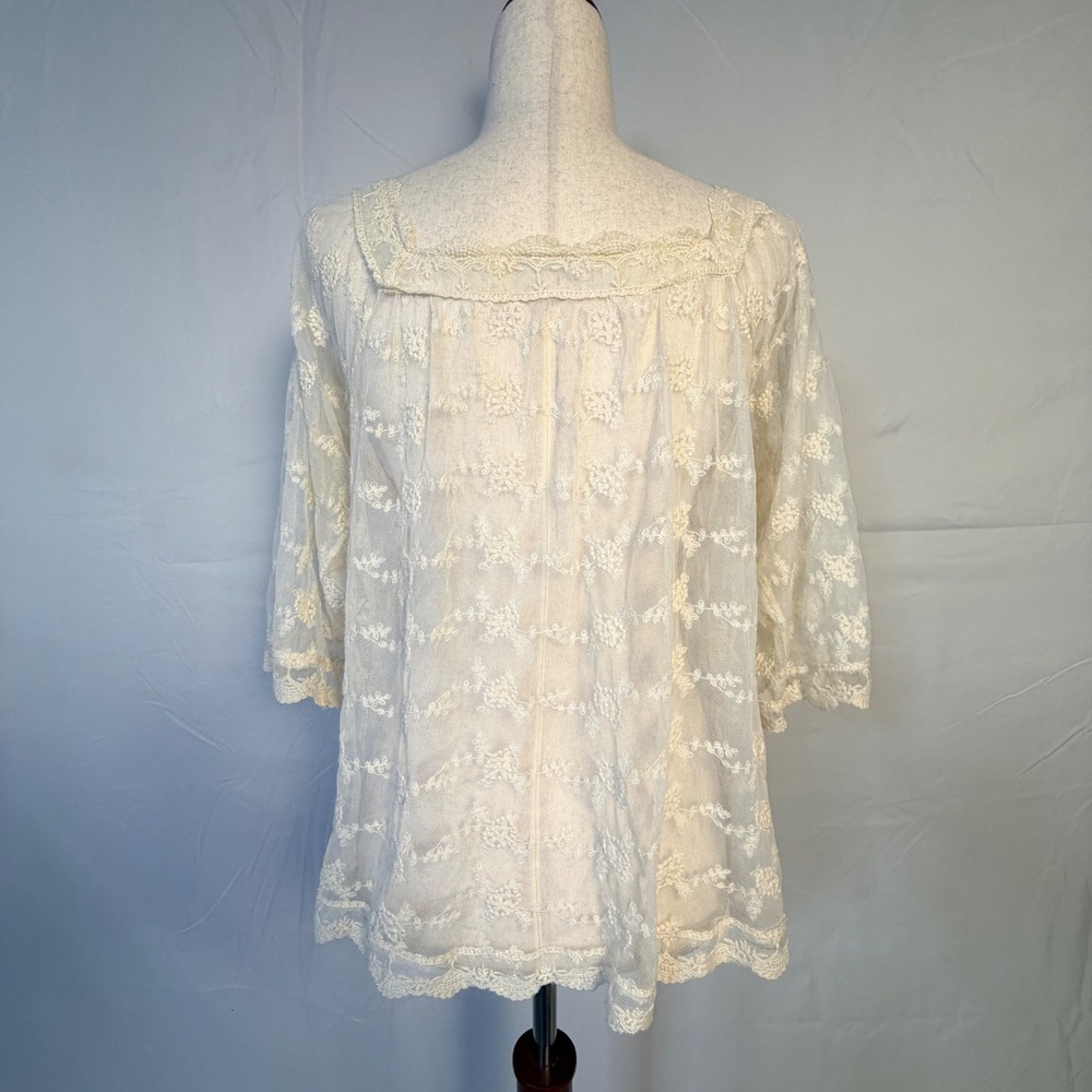 Cream Floral Lace Sheer Blouse Fairy Cottage Whimsy Square Neck Mesh Top - Picture 2 of 9
